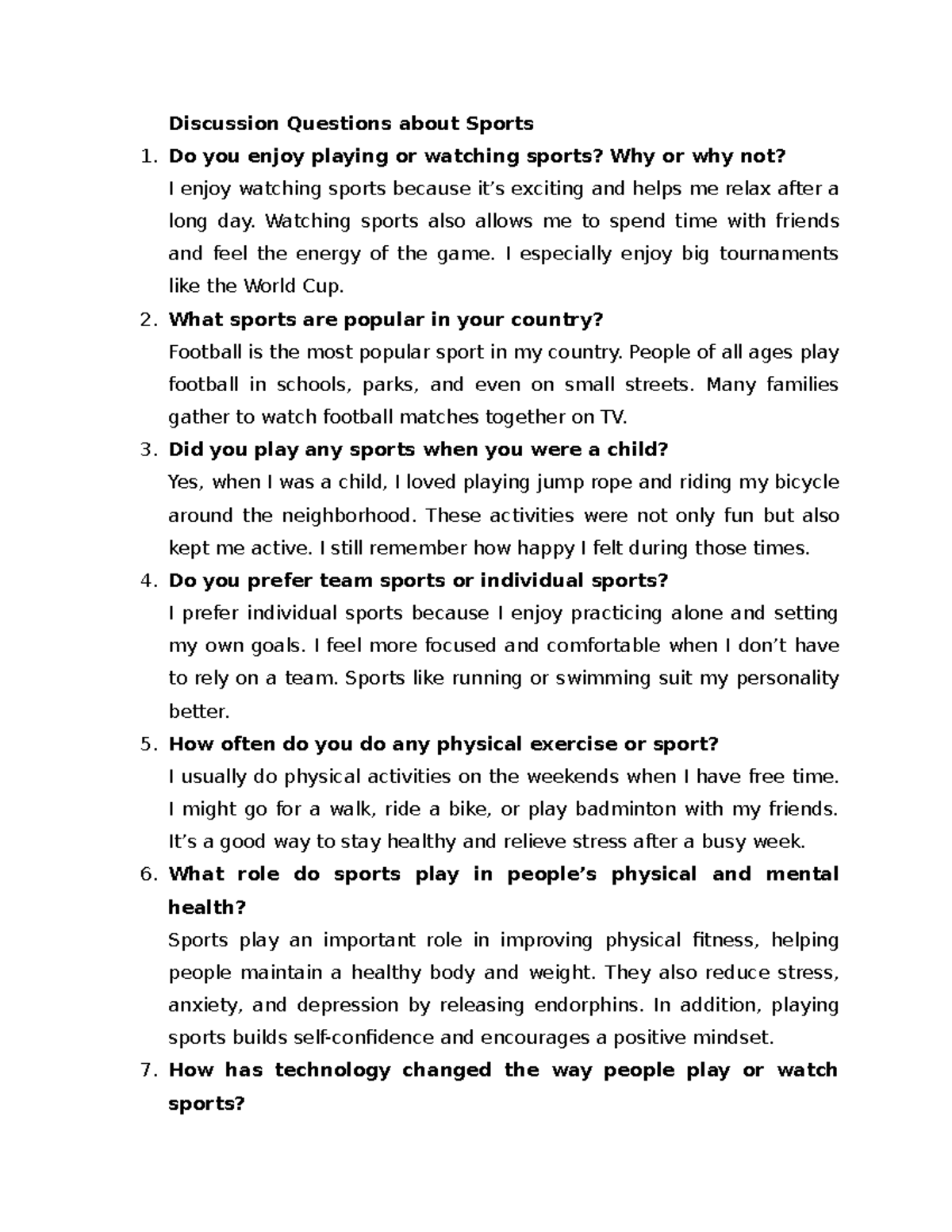 Discussion Questions on Sports - Speaking - Tiếng anh - Studocu