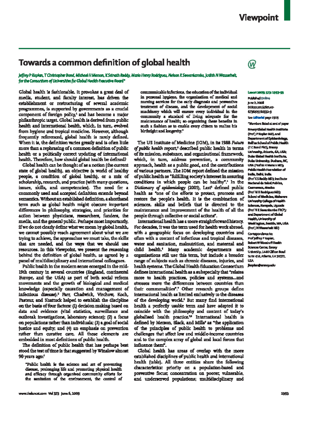 Global Health (GH) Perspectives: Defining a Common Framework - Studocu