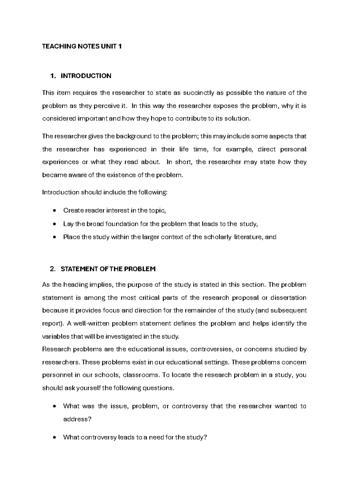 Teaching Notes: Unit 1 - Introduction to Research Problems and ...