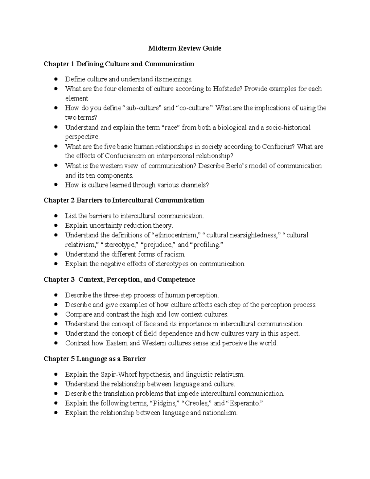 Midterm Review Guide for Intercultural Communication (HaCp234) - Studocu