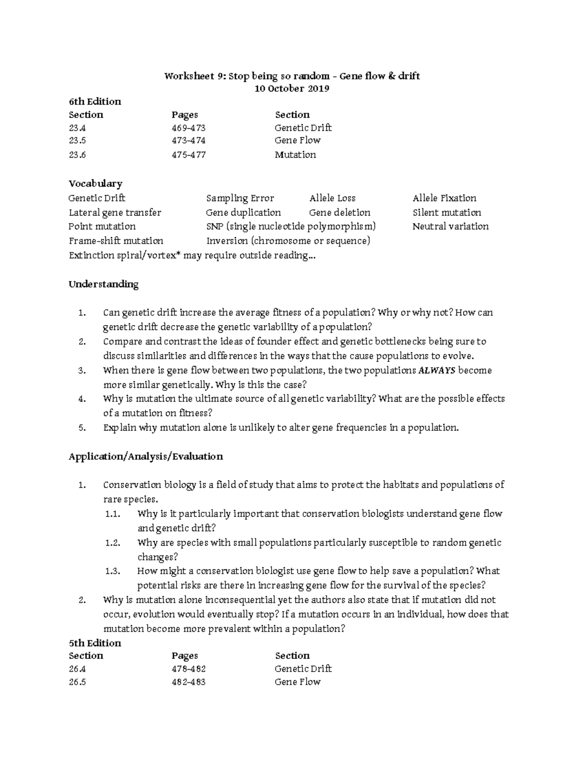 Worksheet 9 - Gene Flow & Genetic Drift in Biology - Studocu