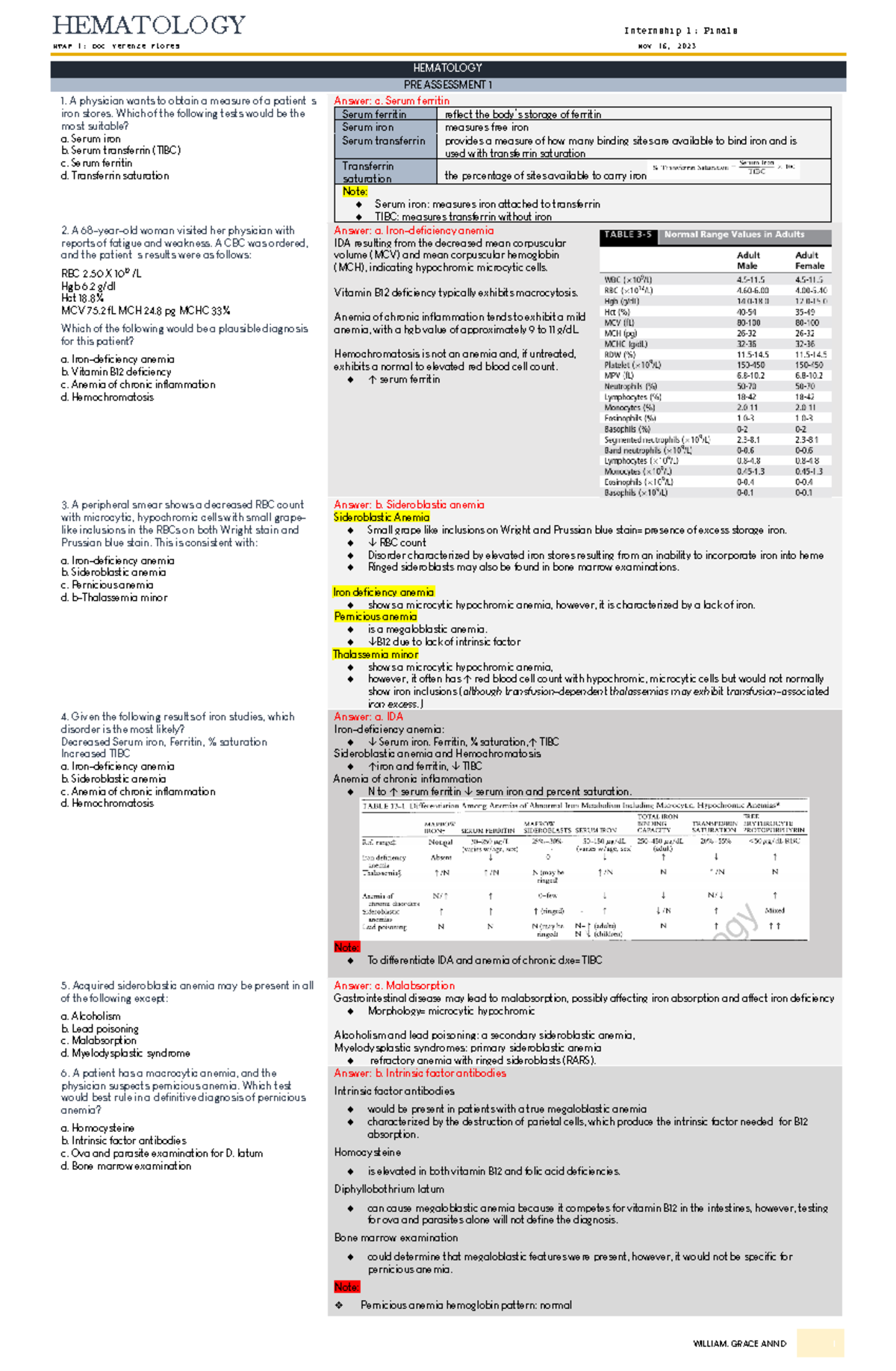 MTAP 1: Hematology Pre-Assessment Notes (Doc Yerenze Flores) - Studocu