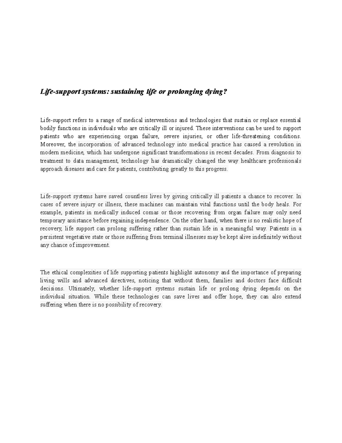 Life Support Systems: Sustaining Life or Prolonging Dying? - Studocu