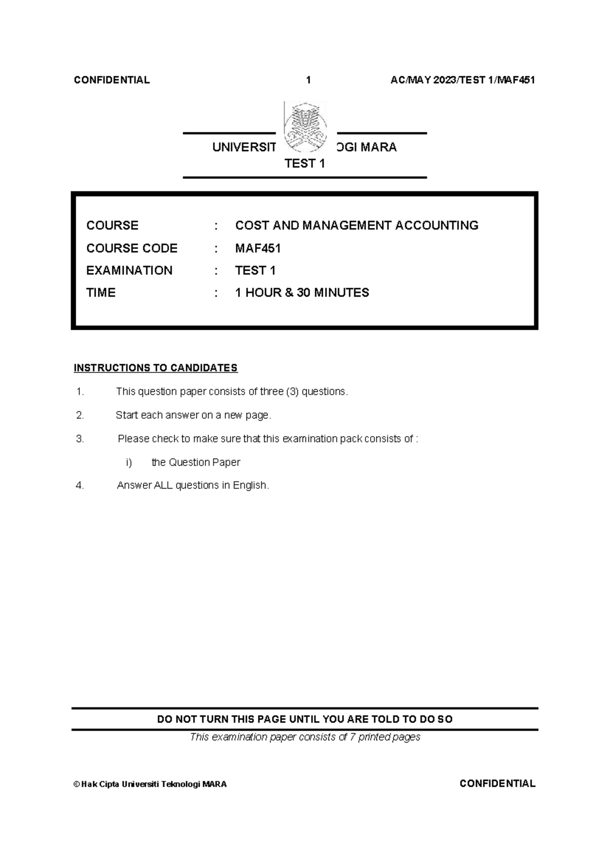 MAF451 TEST 1 - MAY 2023 - Cost & Management Accounting Exam - Studocu