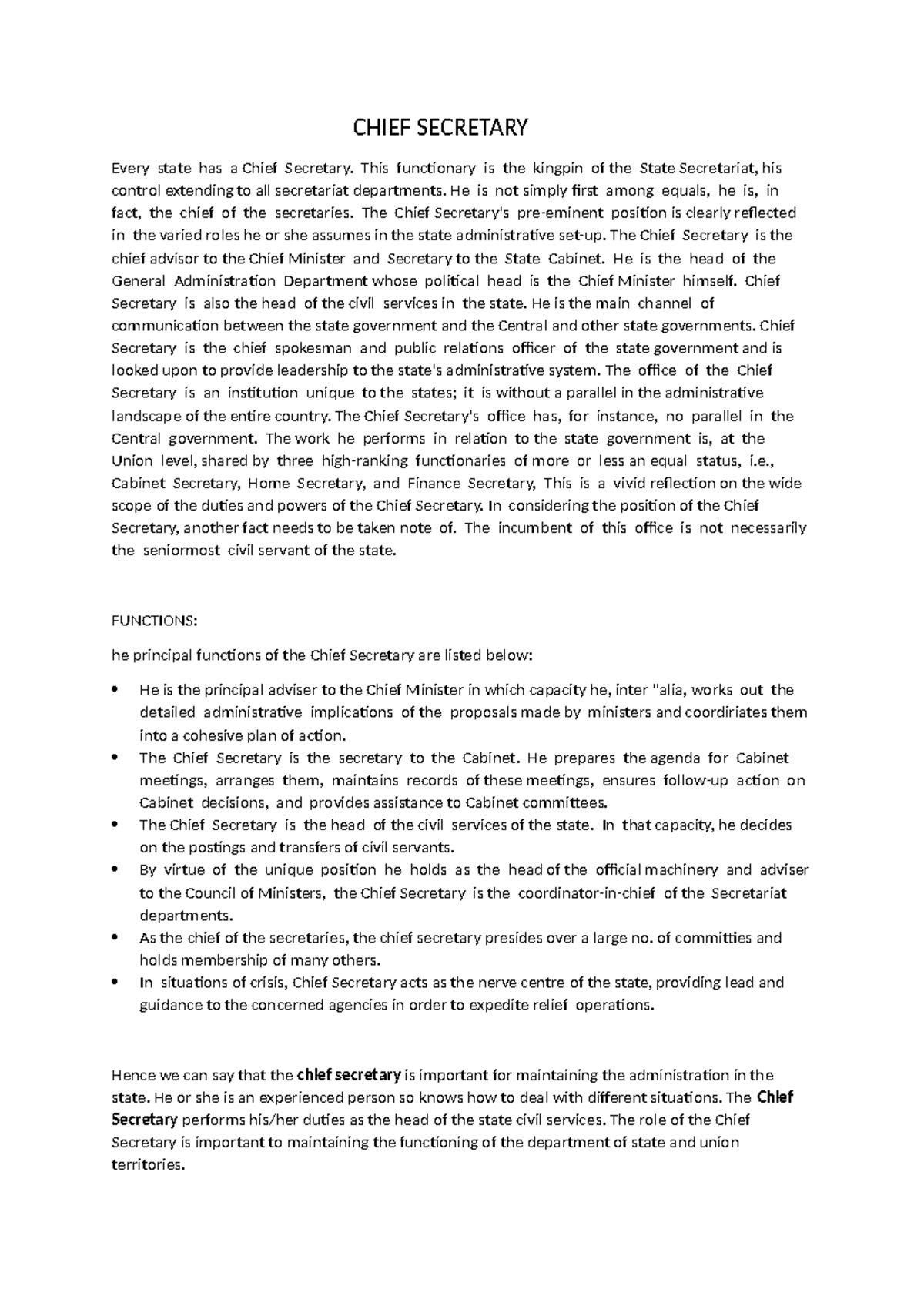 Chief Secretary's Role and Functions in State Administration - Studocu