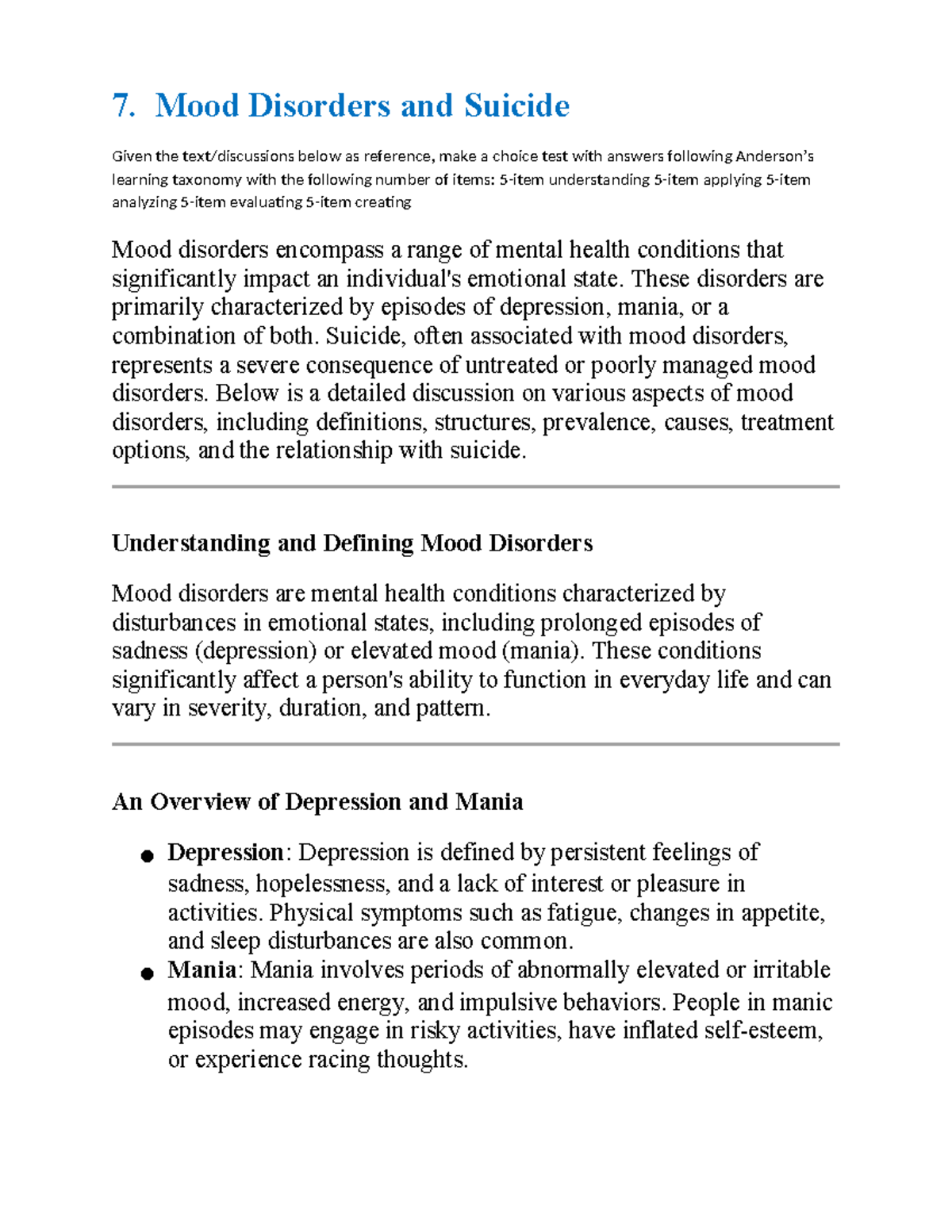 PSY 110 Final Exam: Mood Disorders and Suicide Overview - Studocu