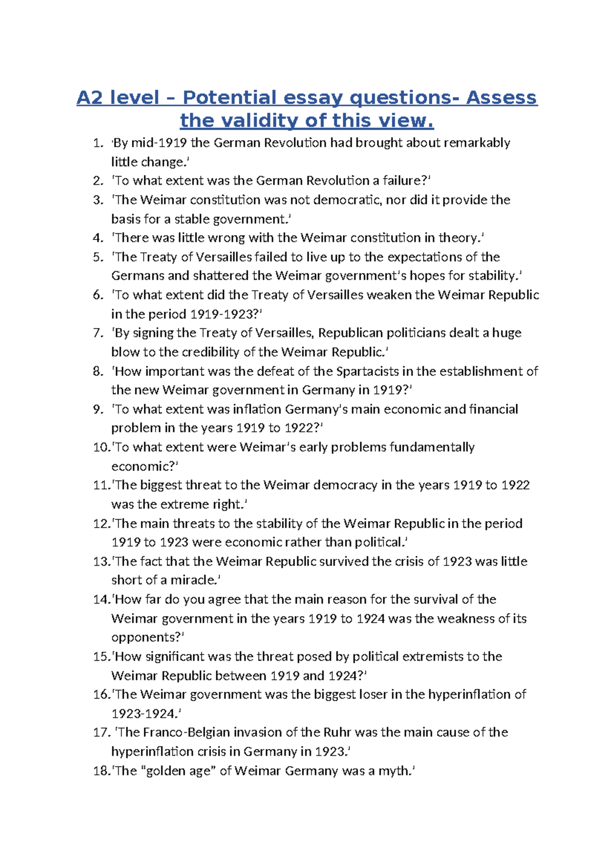 A2 Level - Essay Questions on Democracy and Nazism - Studocu