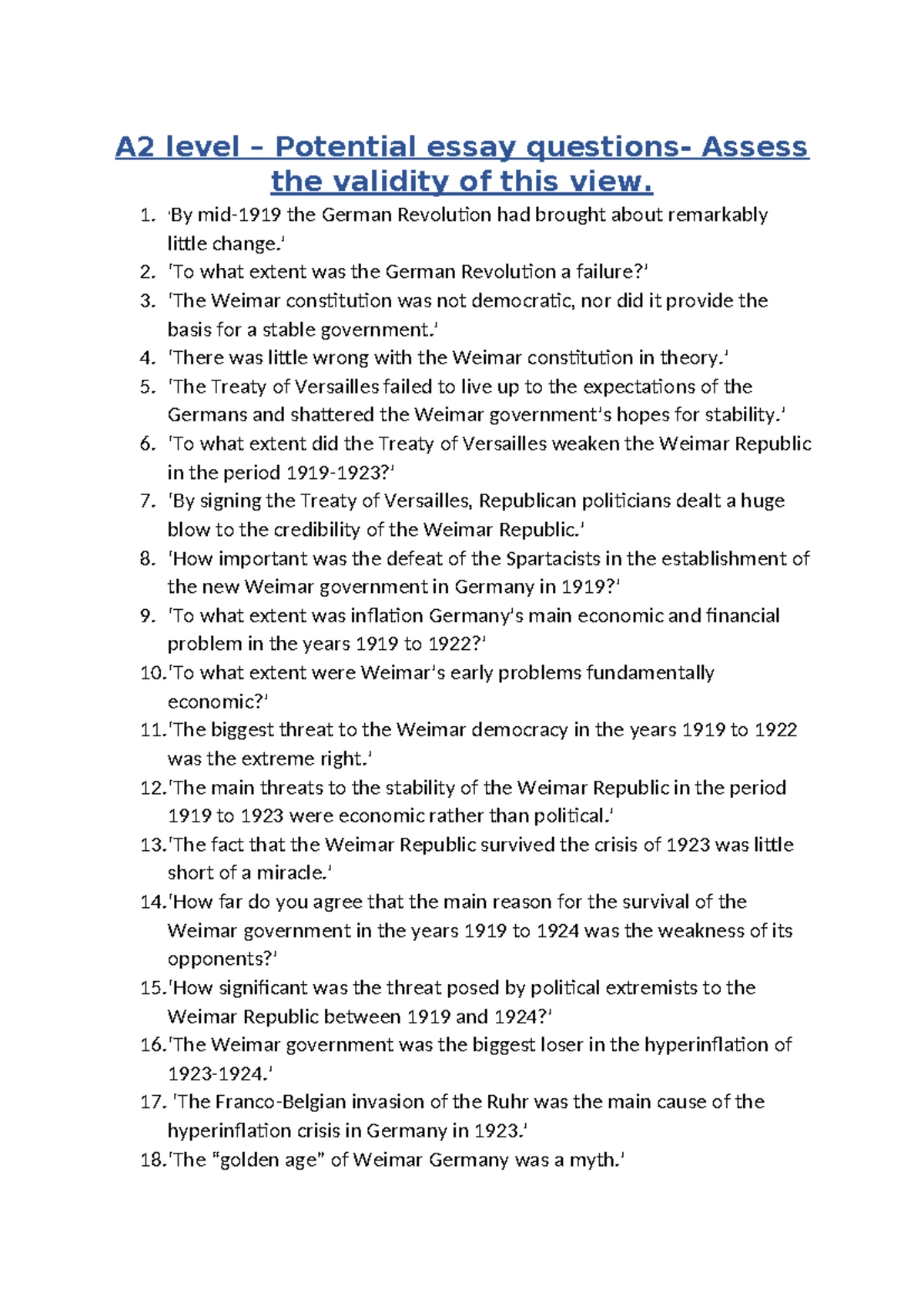 A2 Level - Essay Questions on Democracy and Nazism - Studocu