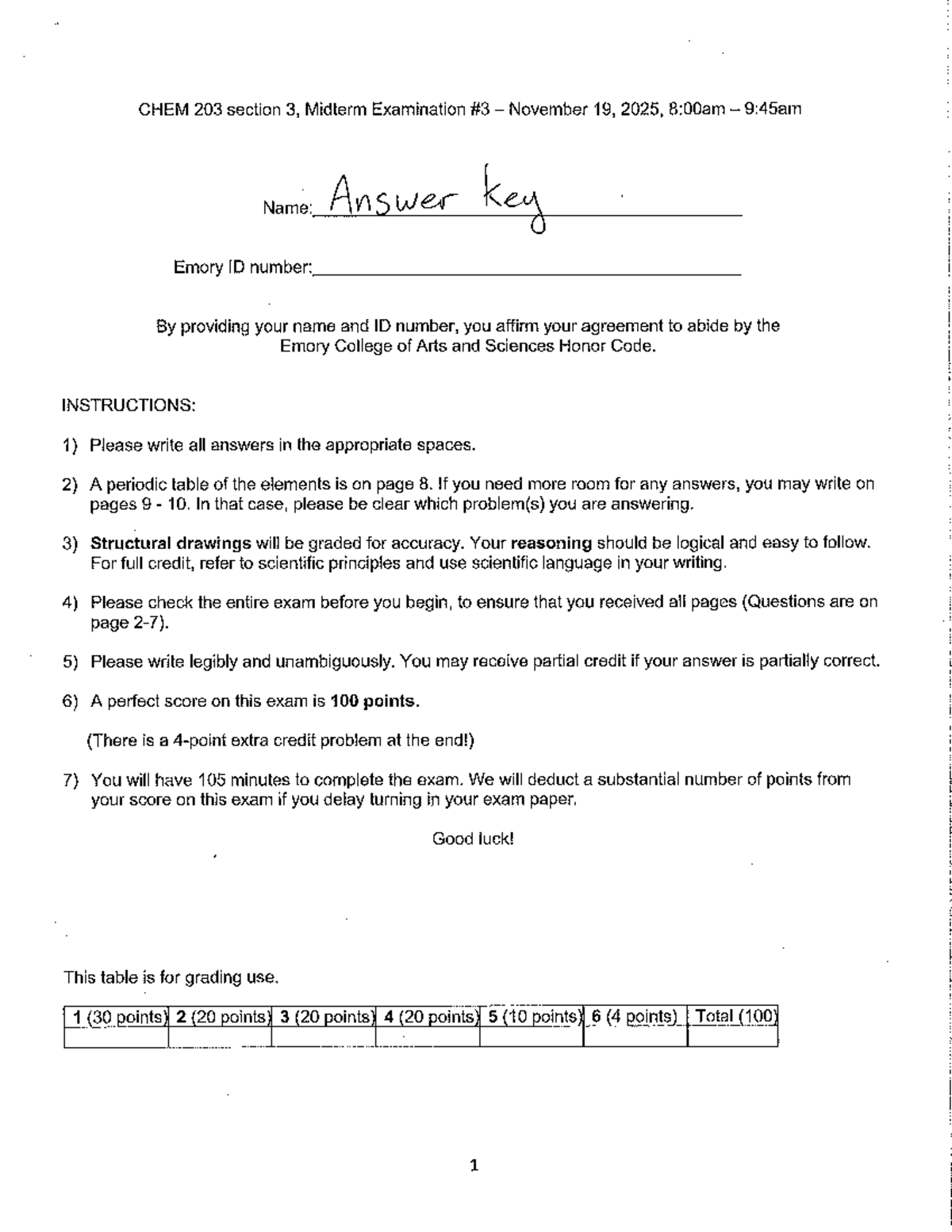 CHEM 203-3 Midterm Exam Answer Key - November 19, 2025 - Studocu