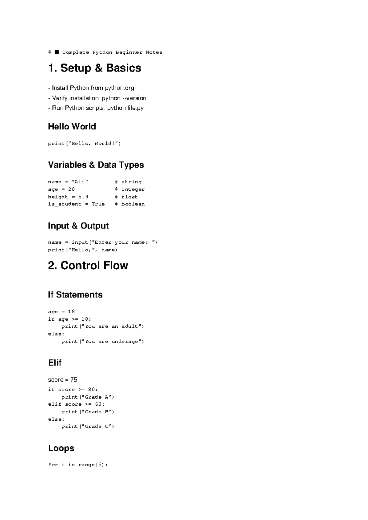 Python Beginner Notes: Setup, Basics, and Control Flow - Studocu
