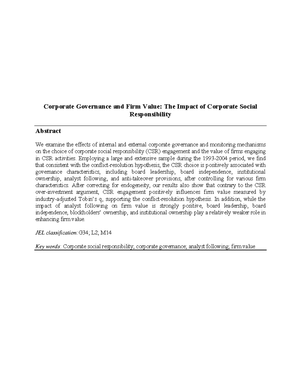 Corporate Governance and CSR Impact on Firm Value (Csrcg) - Studeersnel