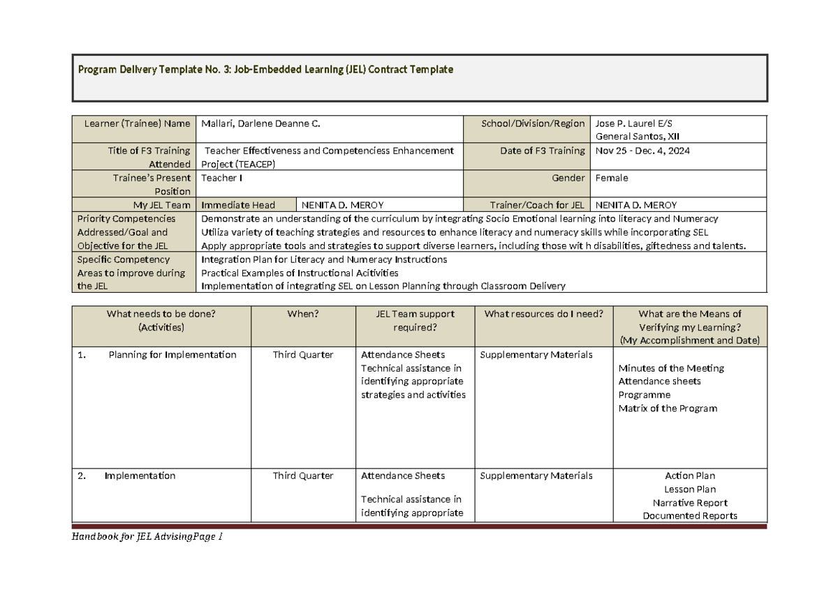 JEL Contract Template for Job-Embedded Learning (F3 Training) - Studocu