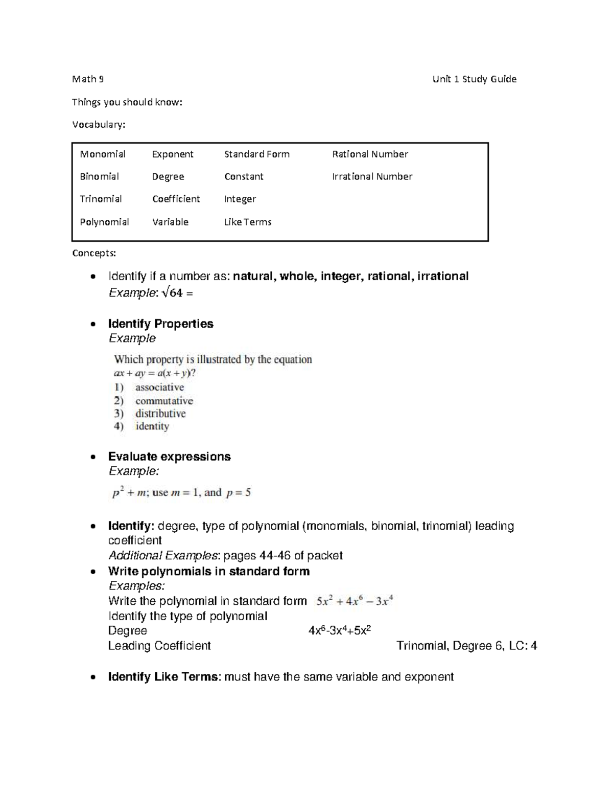 Math 9 Unit 1 Study Guide: Key Concepts & Vocabulary - Studocu