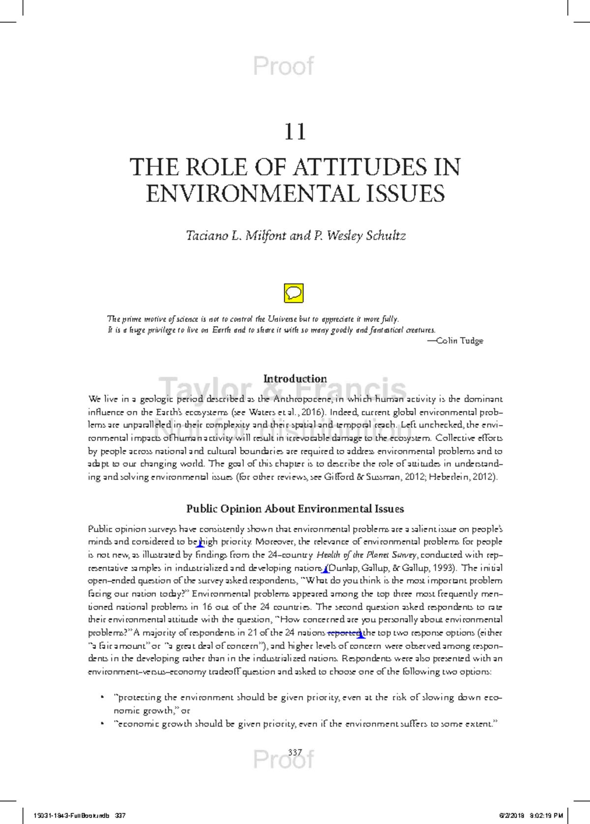 11 THE ROLE OF ATTITUDES IN ENVIRONMENTAL ISSUES: Insights from Milfont ...