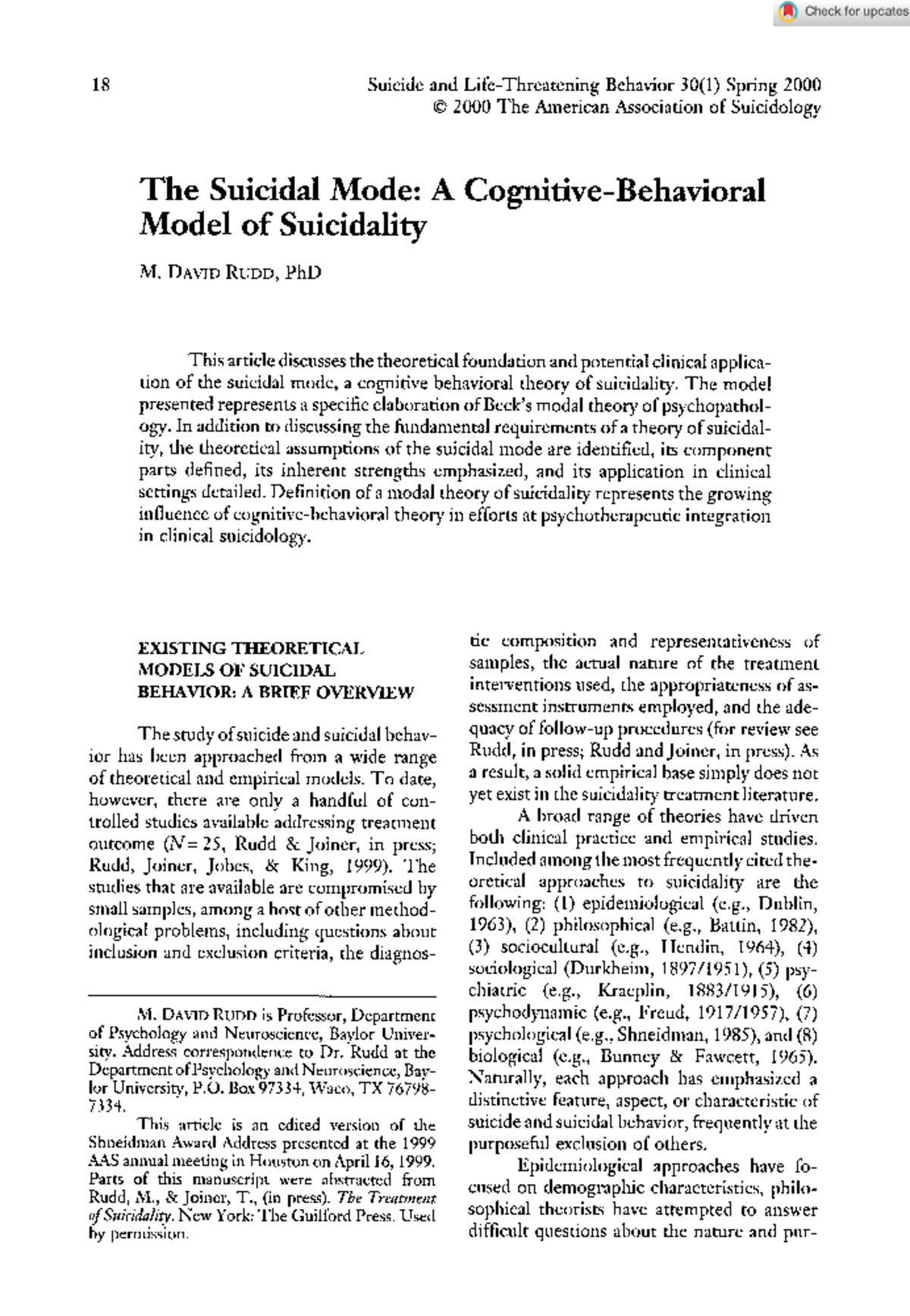 The Suicidal Mode: A Cognitive-Behavioral Model of Suicidality (RUDD ...