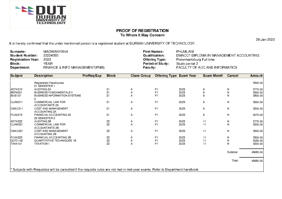 Proof of Registration for DMACC1 (2023) - DUT Student Documentation ...