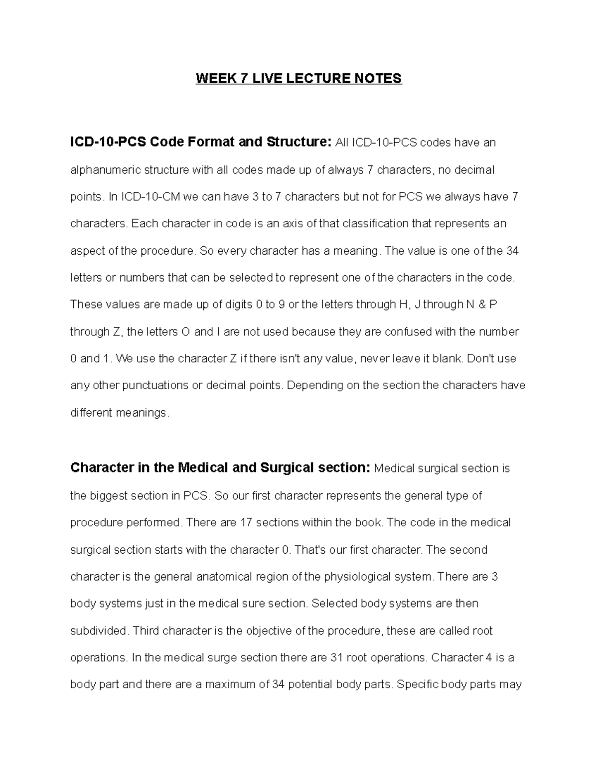 WEEK7 Notes - WEEK 7 LIVE LECTURE NOTES ICD-10-PCS Code Format and ...