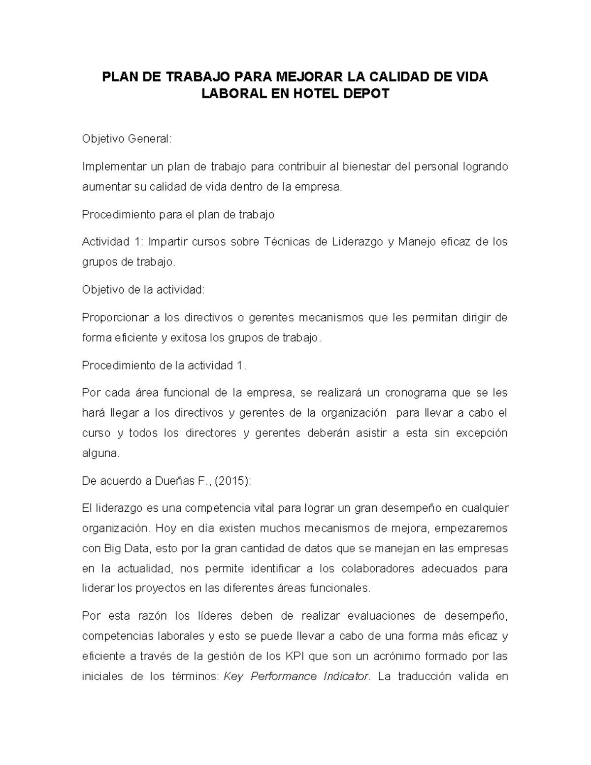 PLAN DE TRABAJO PARA MEJORAR LA CALIDAD DE VIDA LABORAL - Studocu
