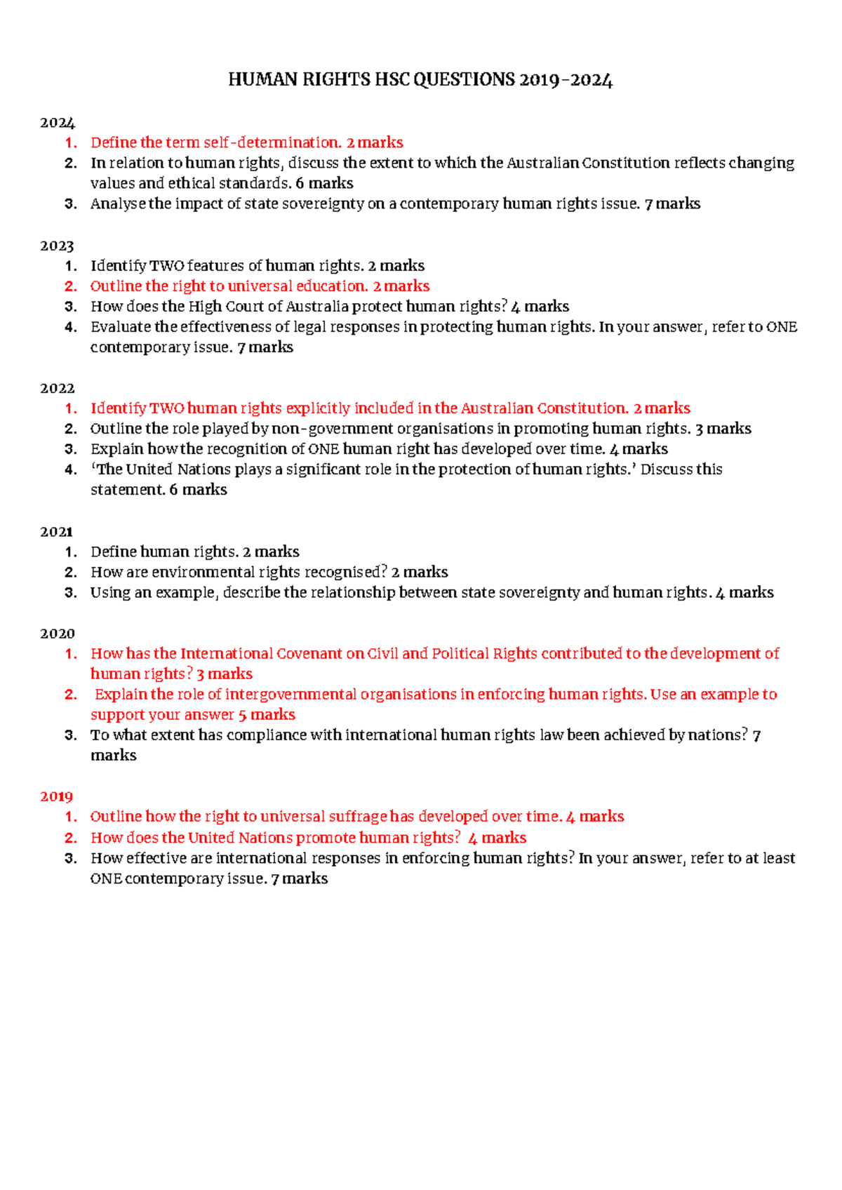 HR HSC Questions 2024: Comprehensive Human Rights Exam Prep - Studocu