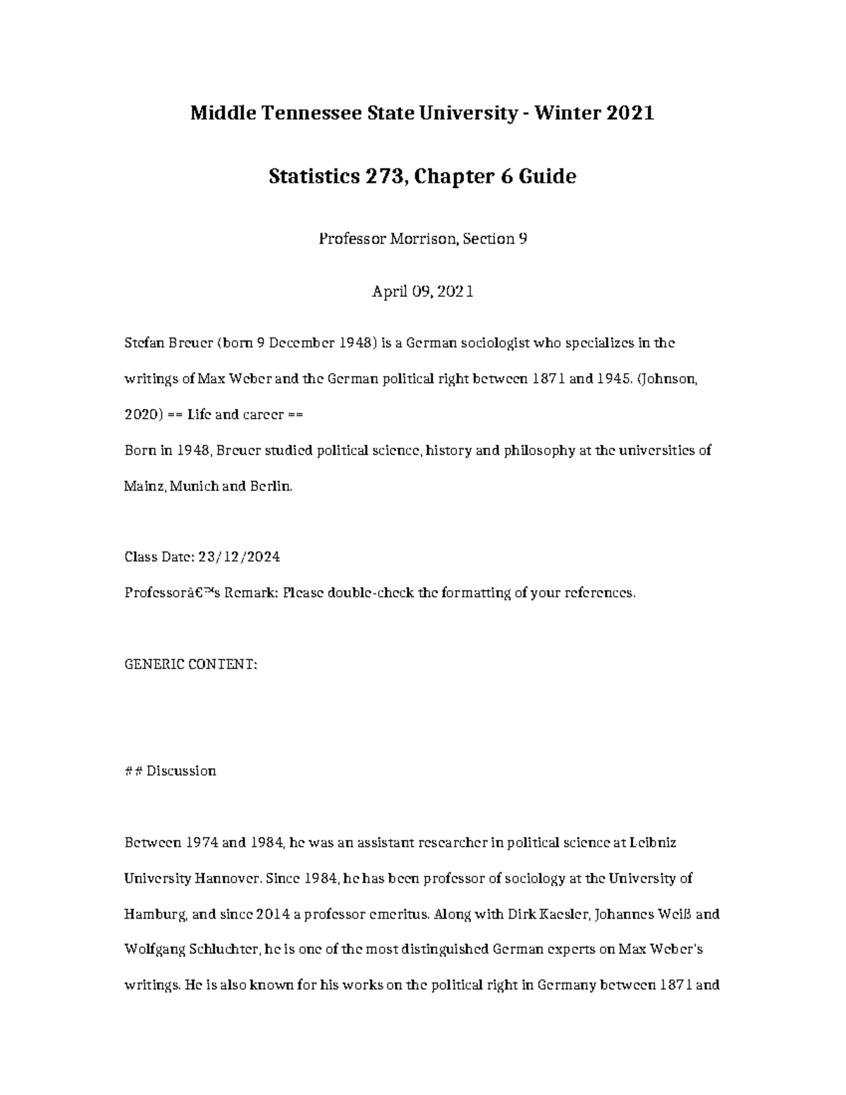 Statistics 273 - Chapter 6 Study Guide for Winter 2021 - Studocu