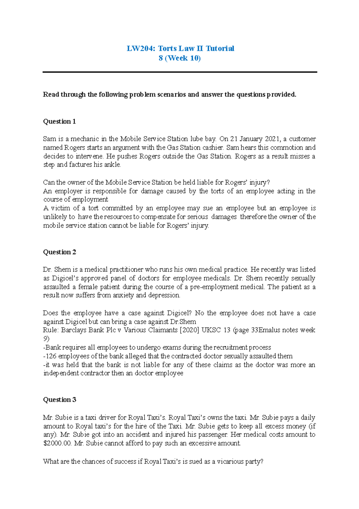 LW204 2022 - Torts Law II Tutorial Discussion Forum 8 (Week 10) - Studocu