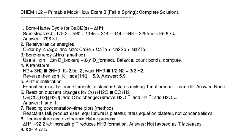 CHEM 102 Mock Hour Exam 3: Complete Solutions and Key Concepts - Studocu