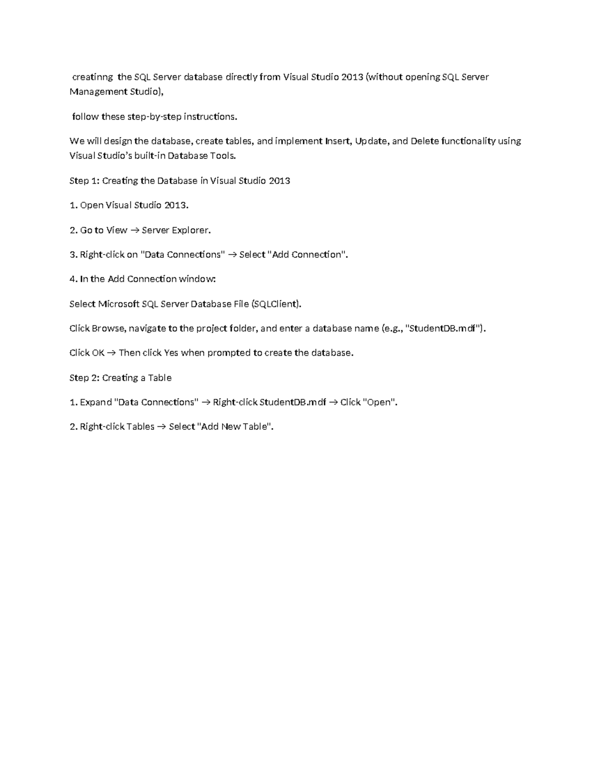 Creating SQL Server Database in Visual Studio 2013: A Guide - Studocu