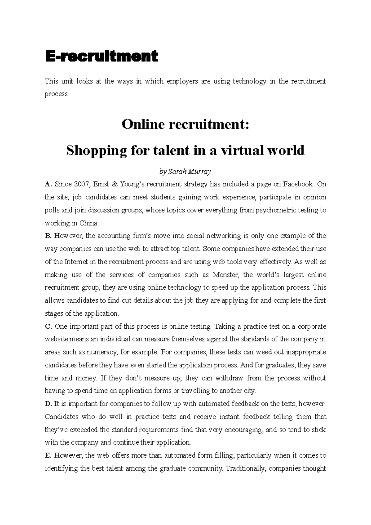 E-recruitment - READING - E-recruitment This unit looks at the ways in ...