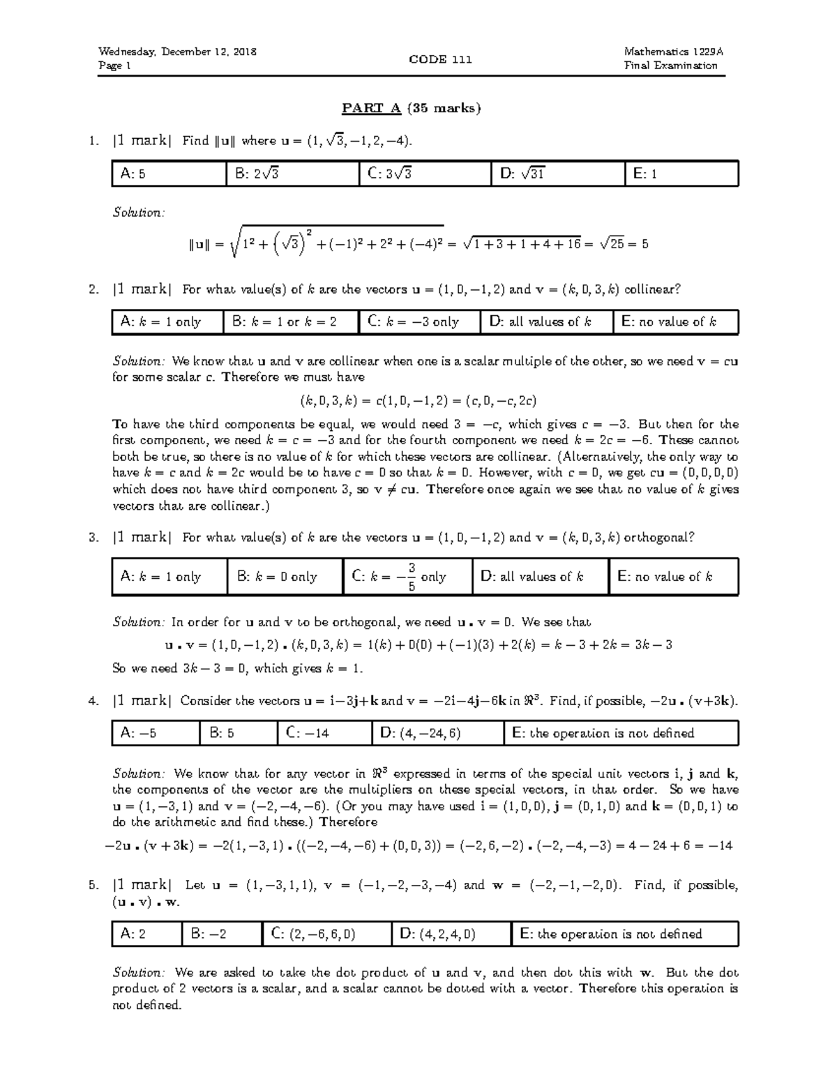 western university mathematic 1229 practice exams - Wednesday, December ...