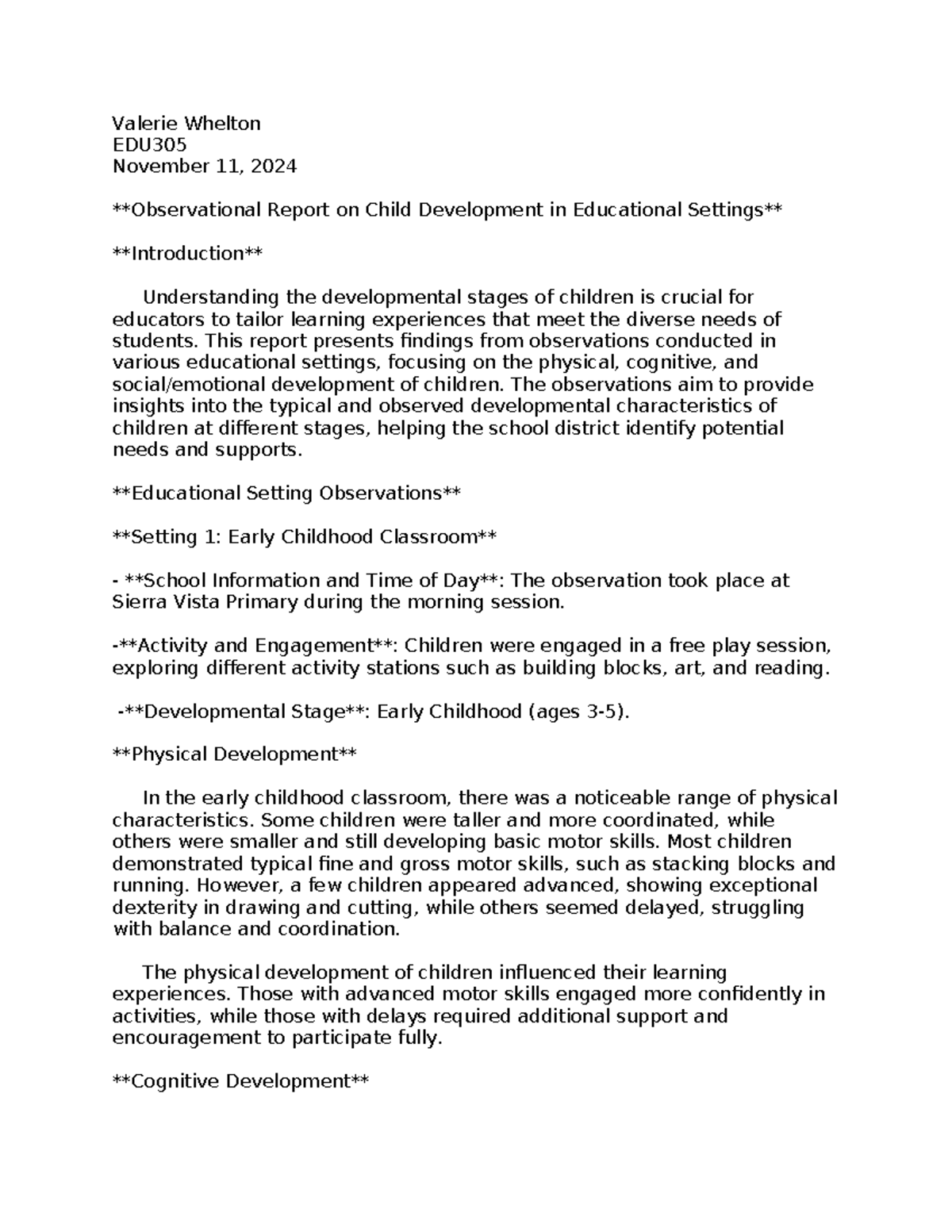 EDU Observational Report on Child Development in Classroom Settings ...