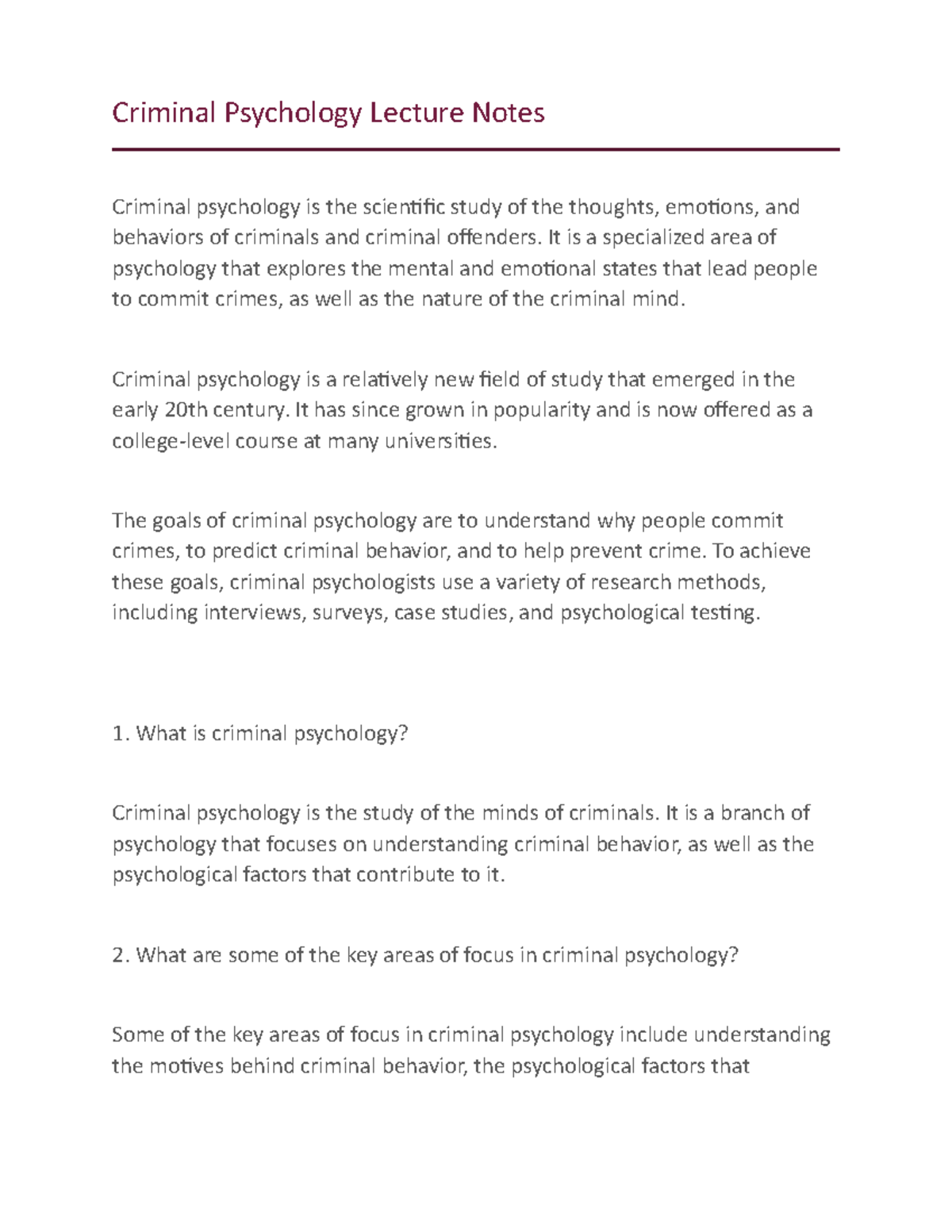 Criminal Psychology: Comprehensive Lecture Notes and Key Insights - Studocu