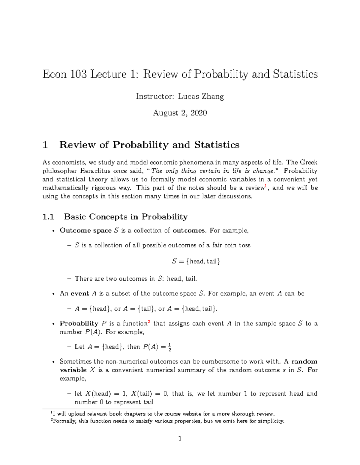 Lecture 1 - Econ 103 Lecture 1: Review of Probability and Statistics ...