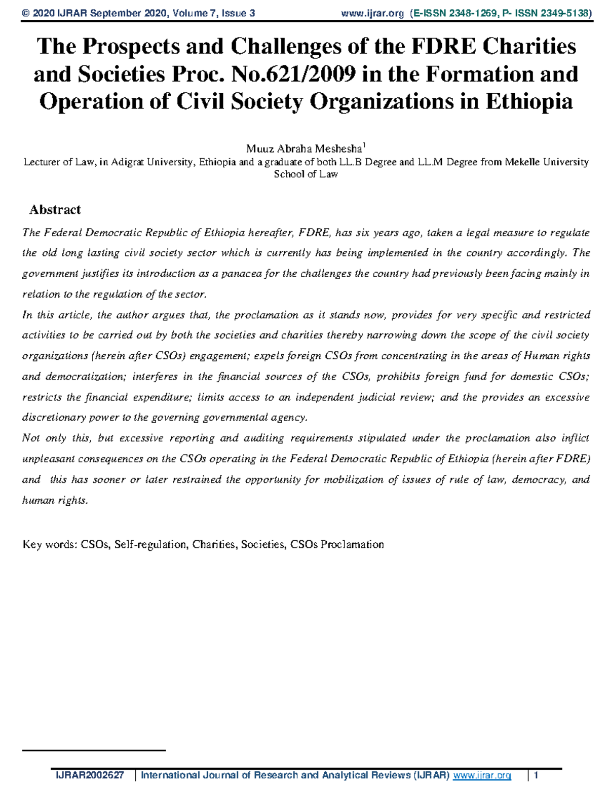 Prospects and Challenges of the FDRE Charities and Societies Law ...
