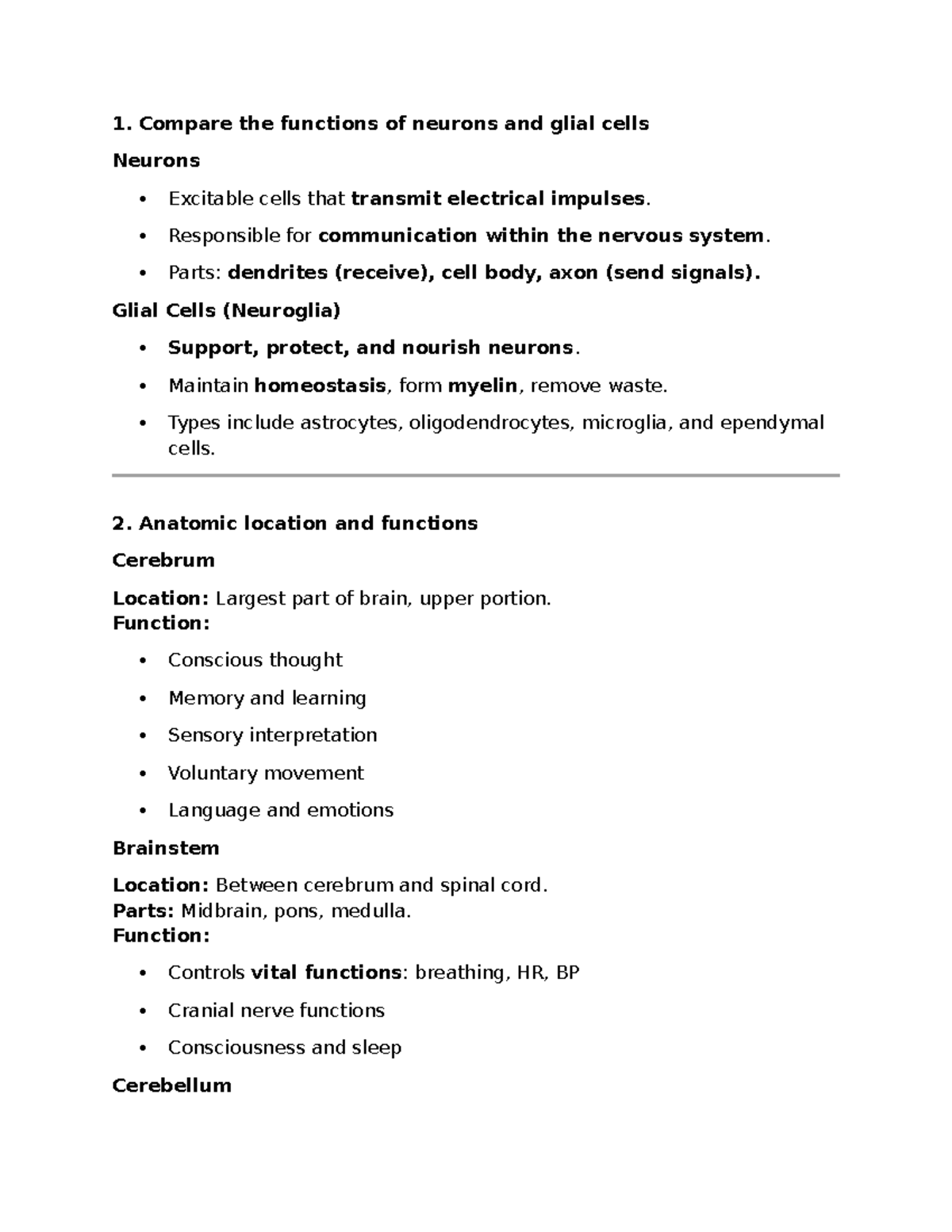Neuro 101: Functions of Neurons, Glial Cells, and Brain Anatomy - Studocu