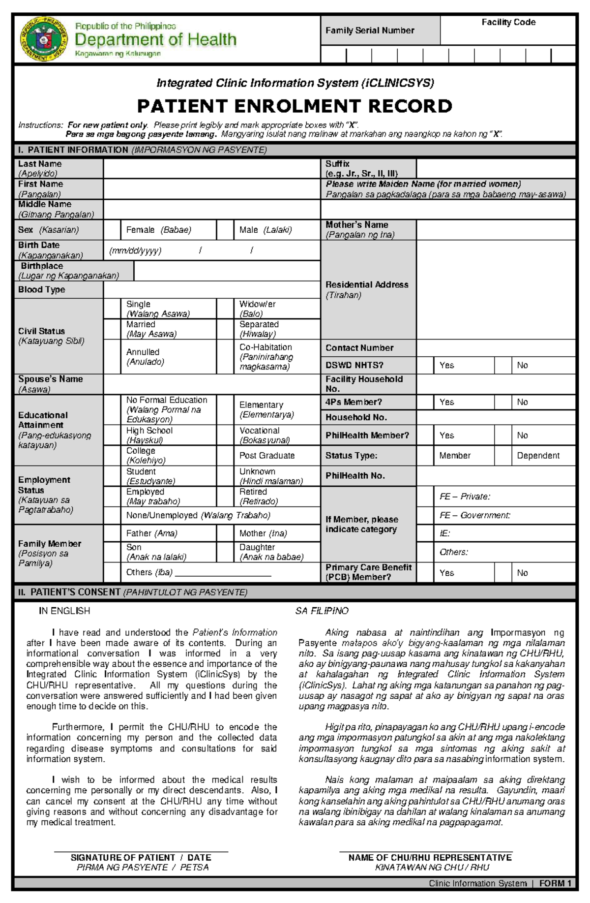 Integrated Clinic Patient Enrolment Record (iCLINICSYS) Form 1 - Studocu