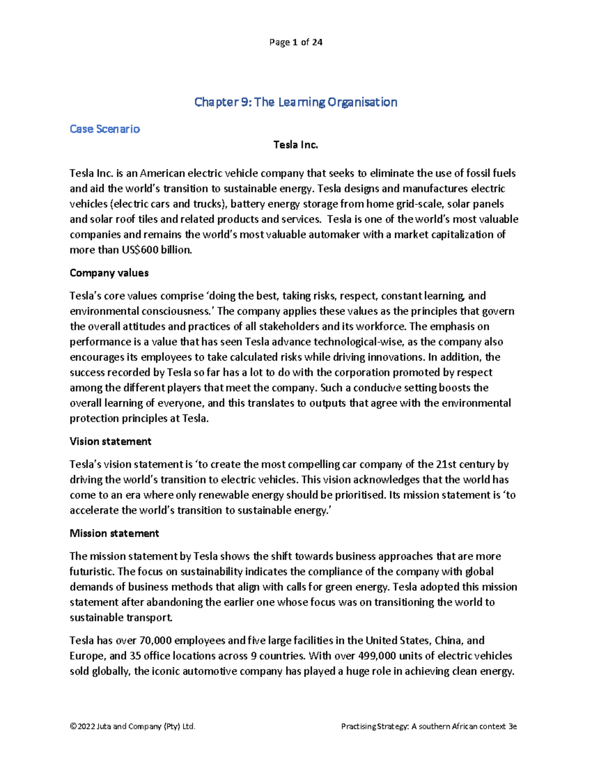 Chapter 9: The Learning Organisation Case Study - Tesla Inc. Analysis ...