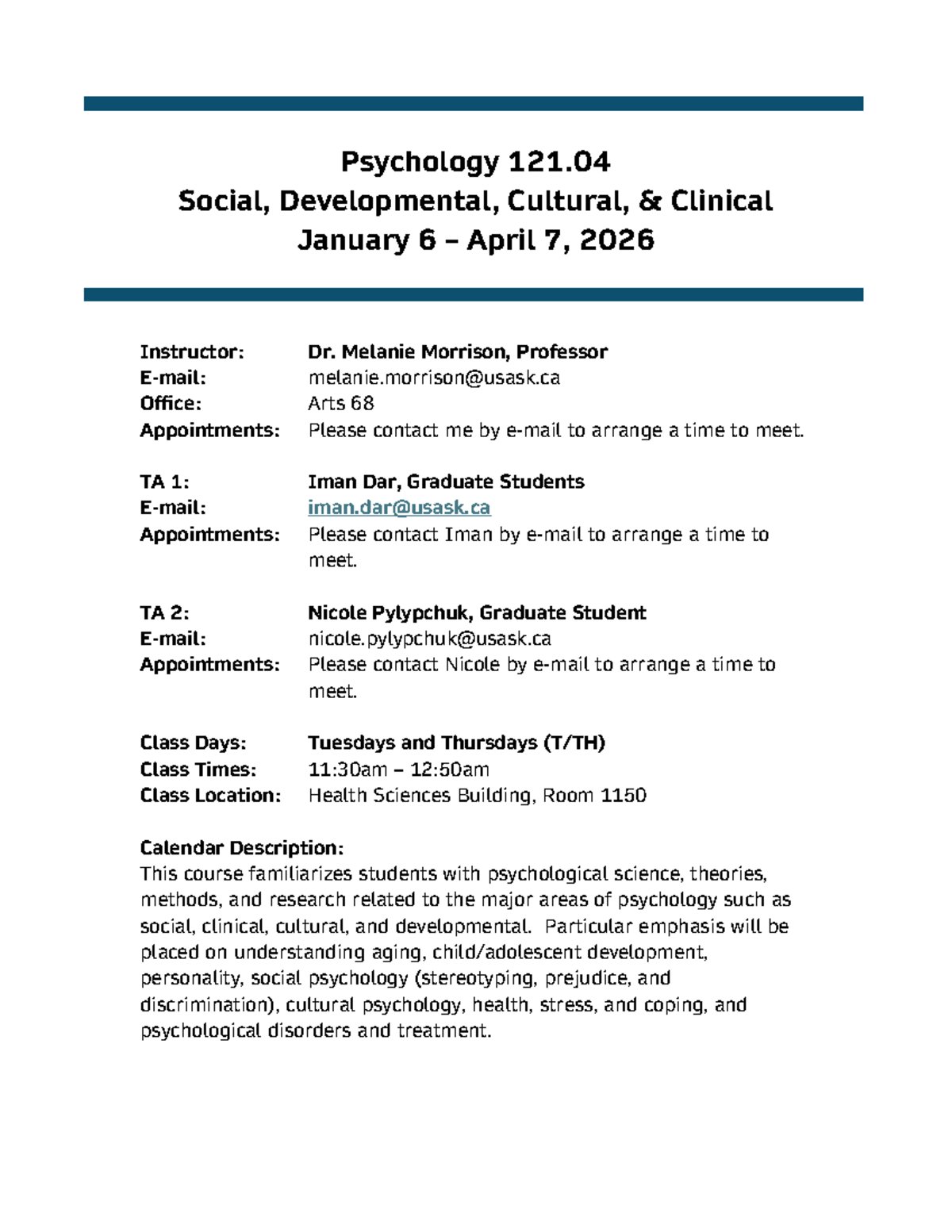 Psychology 121.04 Course Outline: Social & Developmental Psychology ...