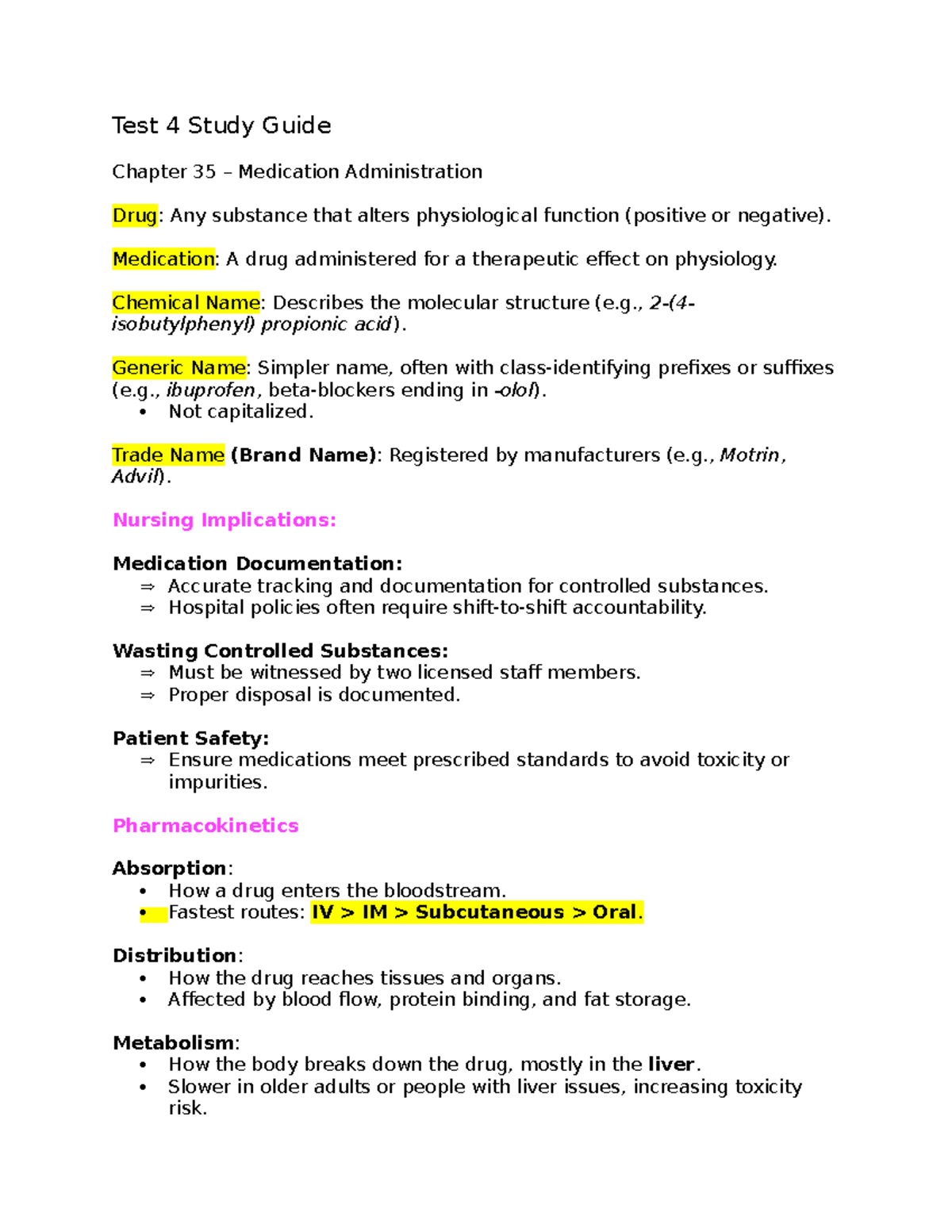 Test 4 Study Guide: Chapter 35 - Medication Administration (NUR155 ...