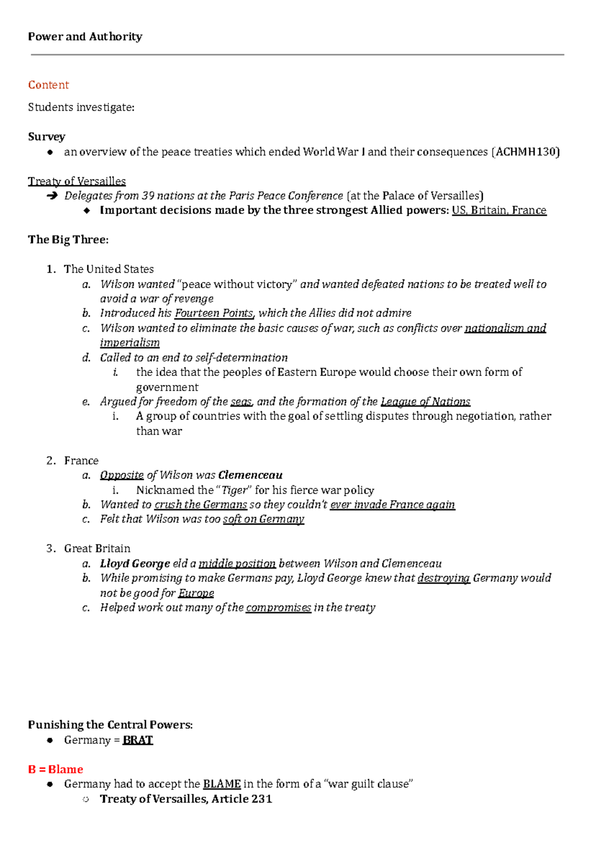 Power and Authority Notes (HIST101) - Overview of WWI Treaties and ...