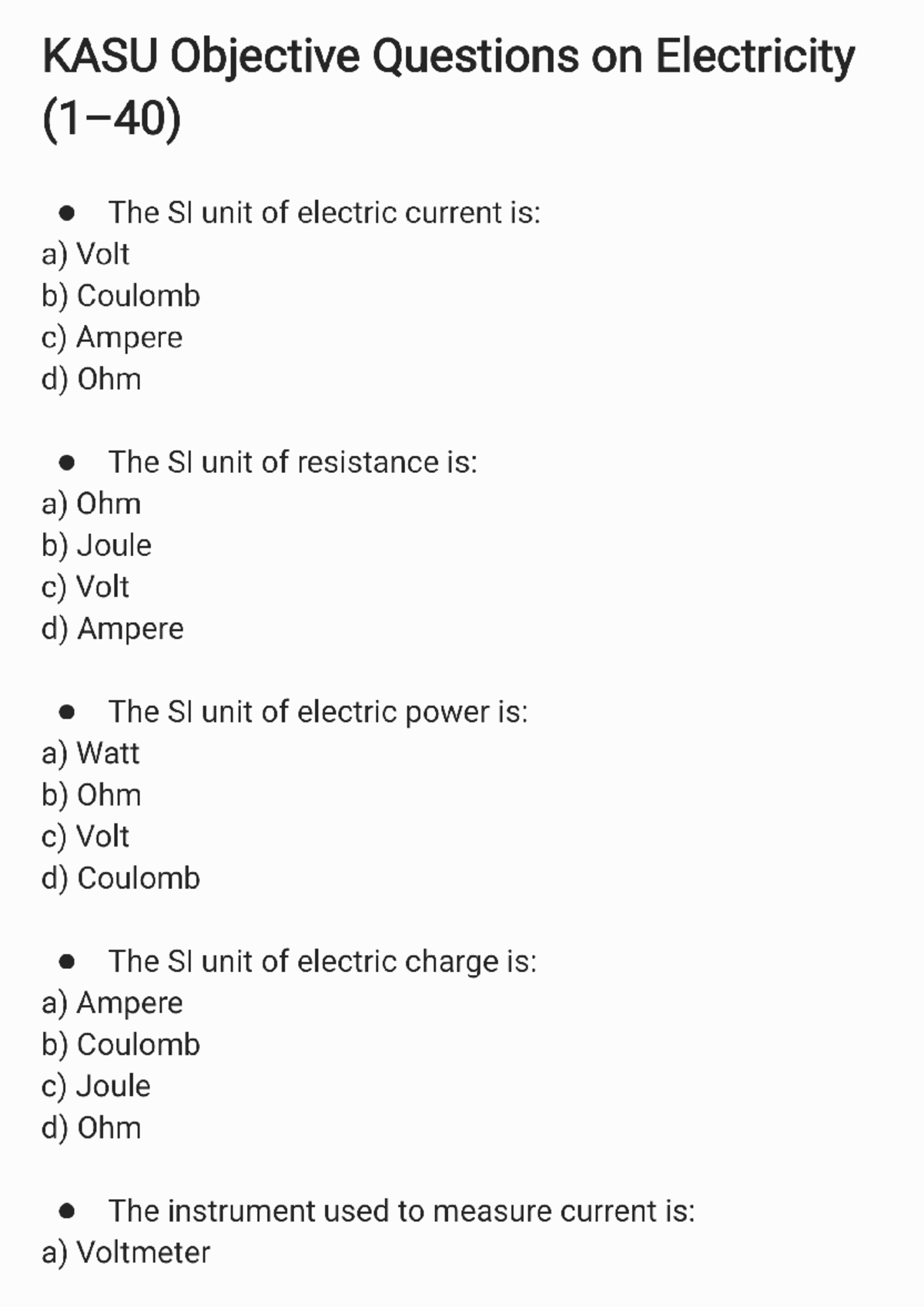 KASU PQ 250925 Electricity Objective Questions and Answers - Studocu