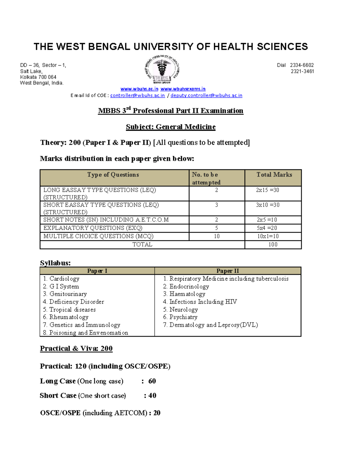 MBBS 3rd Prof Part II Exam: General Medicine Marks & Syllabus - Studocu