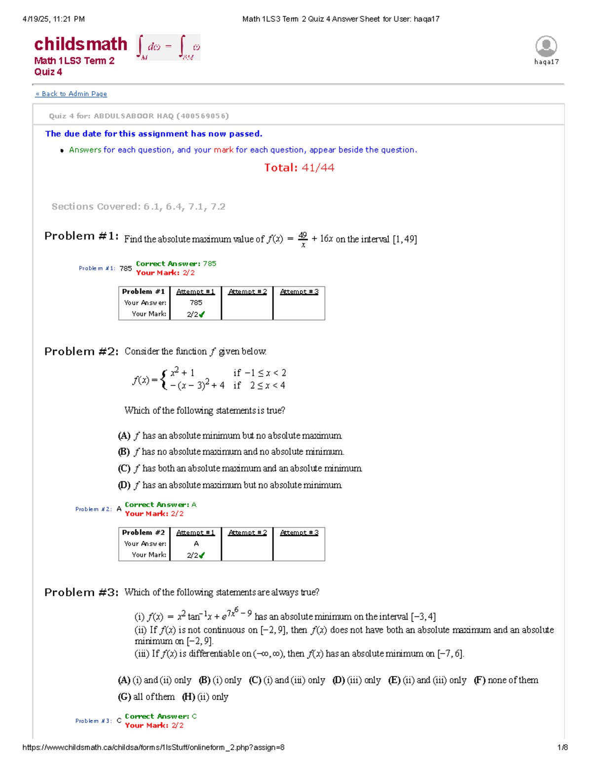 Math 1LS3 Term 2 Quiz 4 Answer Sheet for User haqa17 - Studocu