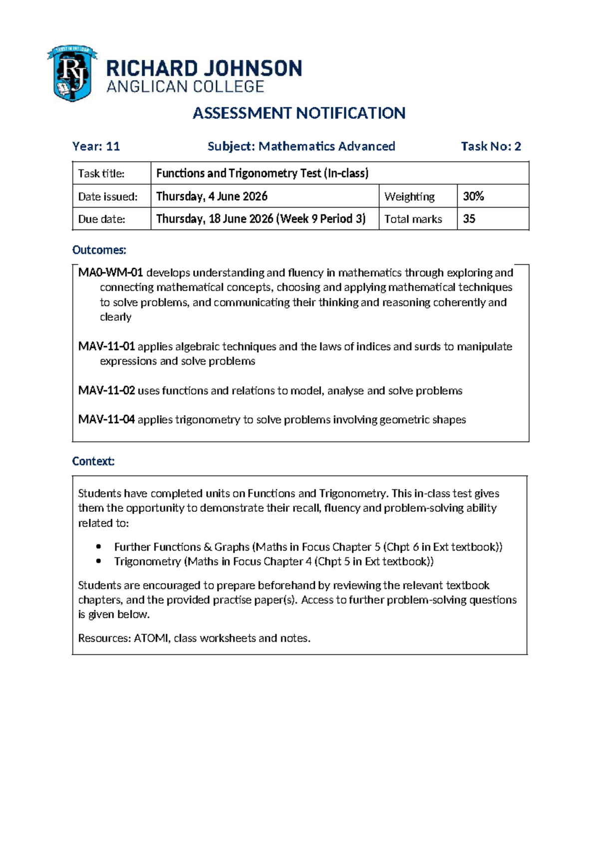 2026 Y11 Adv Maths AT2: Functions & Trigonometry Test Notification ...