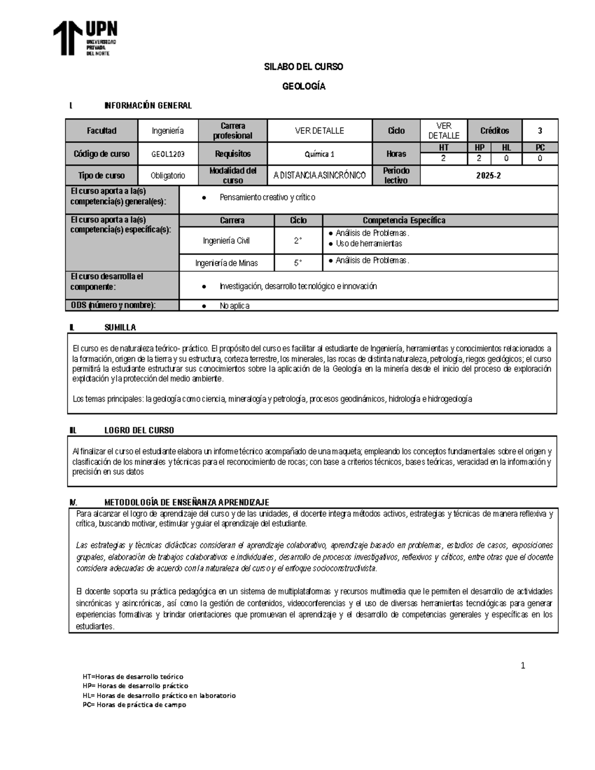 Sílabo del Curso GEOL1203: Geología I - Información General y Metodología - Document Preview