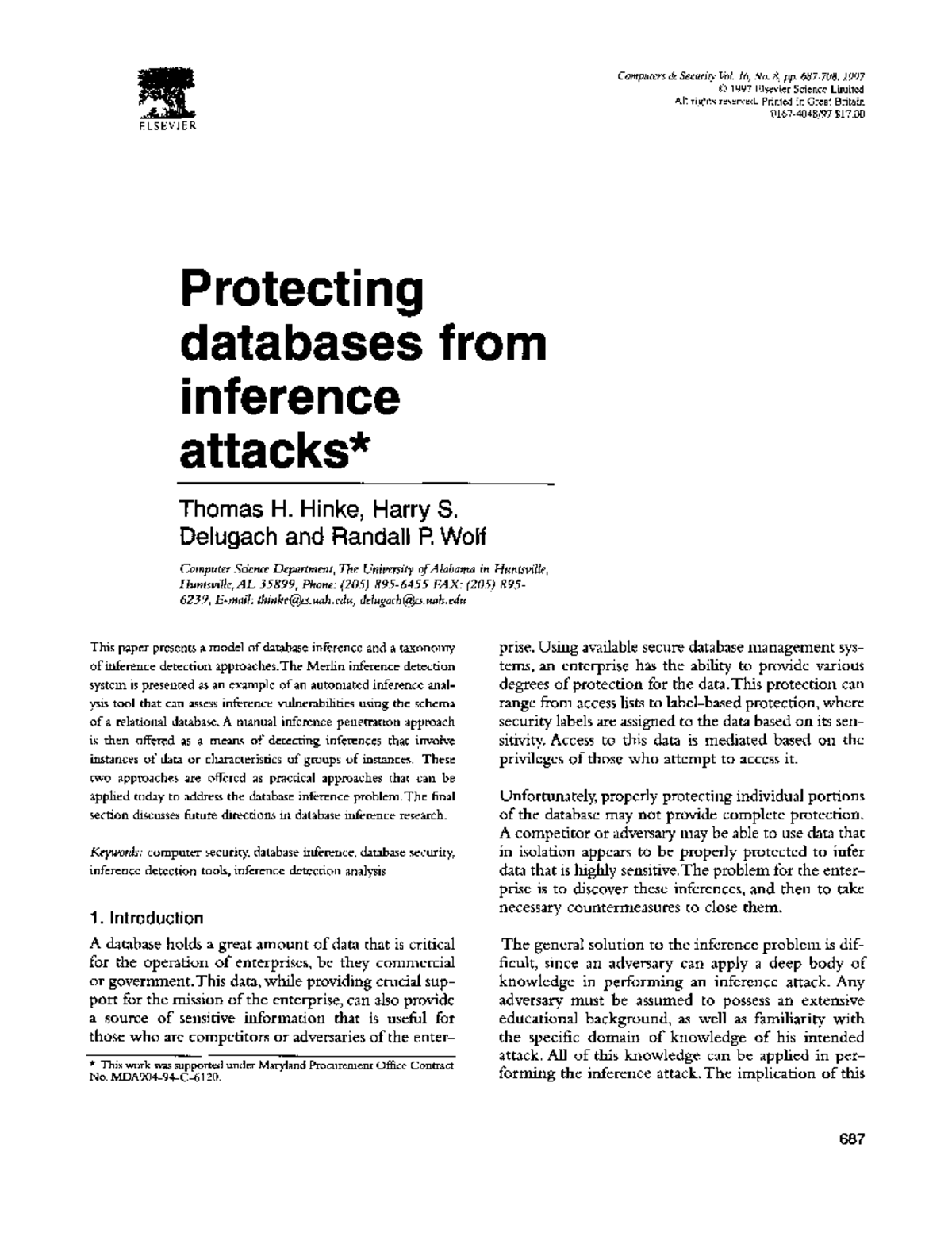 Protecting databases from inference attacks - ELSEVIER Computers ...