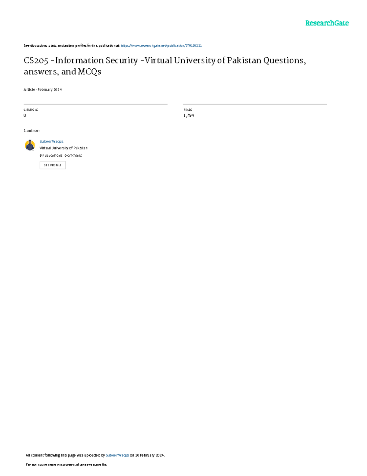 CS205 - Information Security Study Notes and MCQs - Virtual University ...