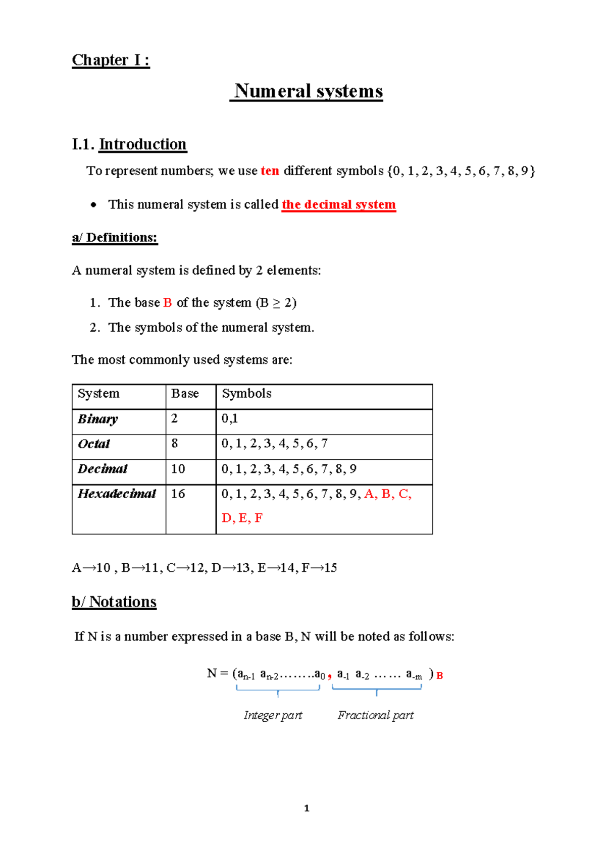 Chapter 1 part1 - first part - Chapter I : Numeral systems I ...