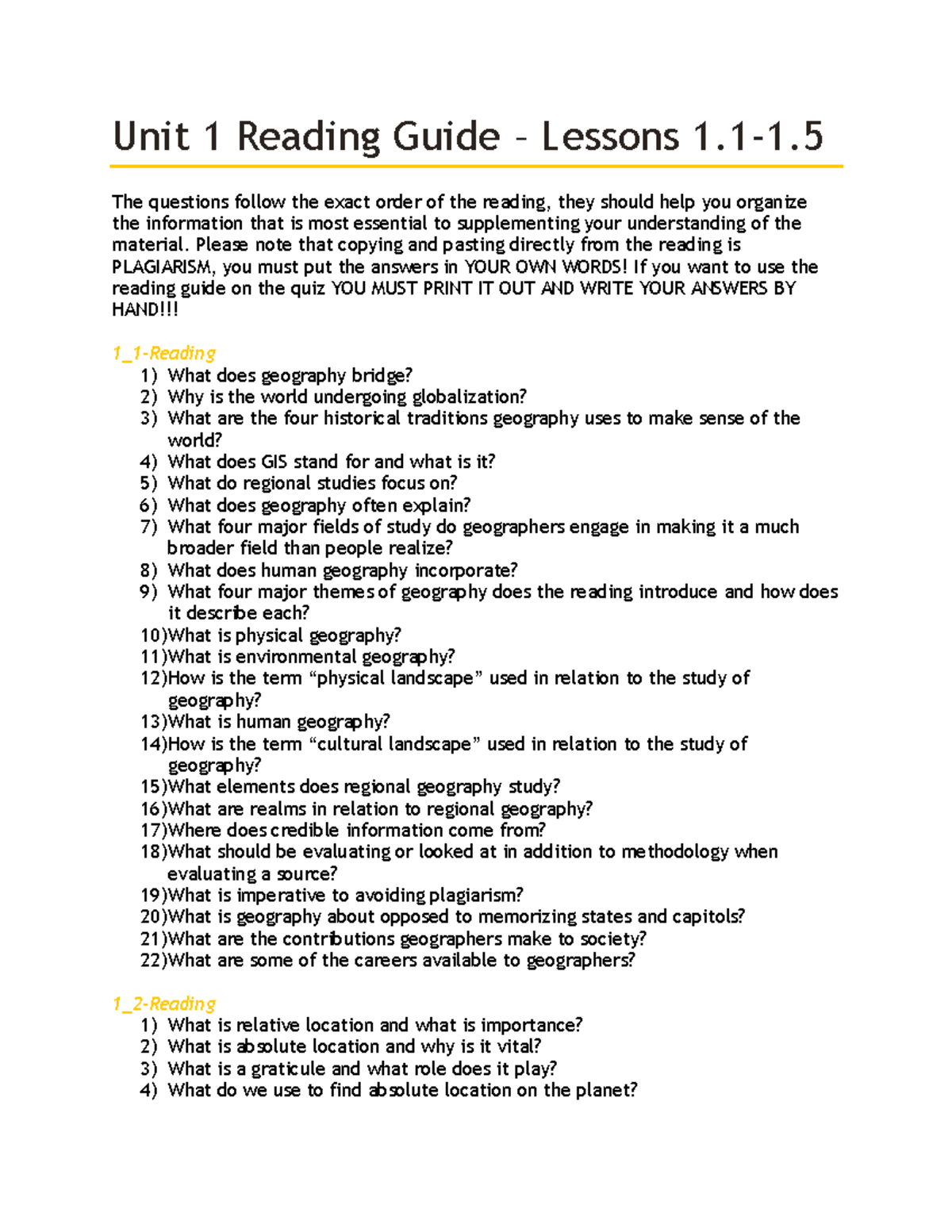 Unit 1 Reading Guide - just help - Unit 1 Reading Guide – Lessons 1 .1 ...