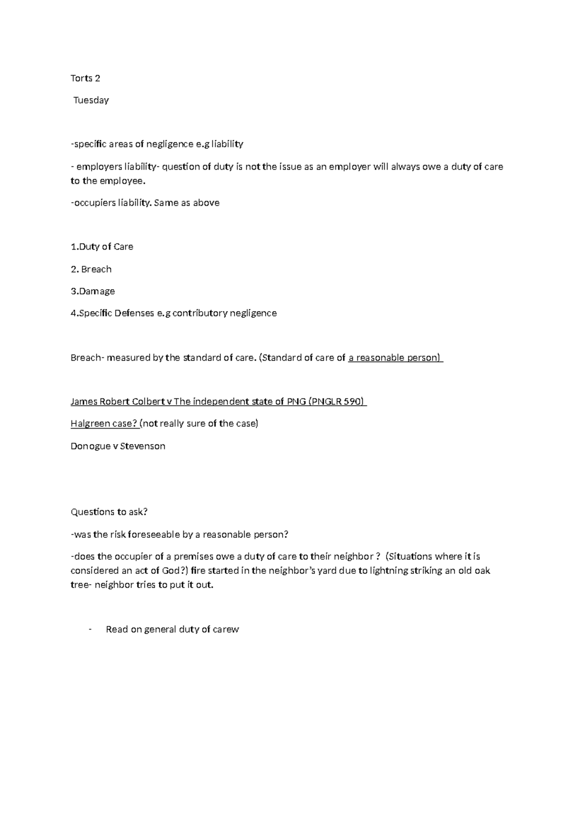 Torts 2: Key Notes on Negligence and Duty of Care - Studocu