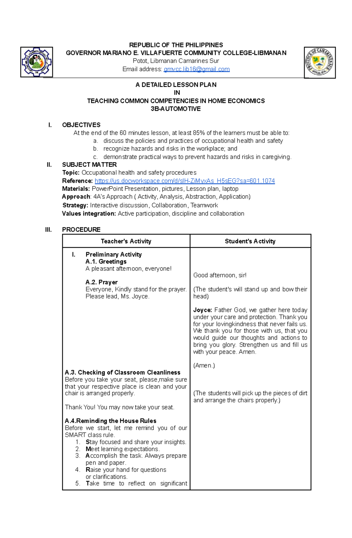 OHS DLP-1: Detailed Lesson Plan on Occupational Health & Safety - Studocu